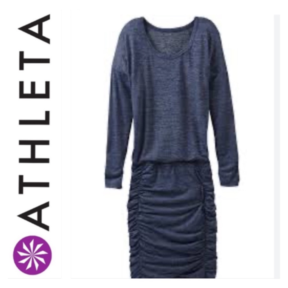 Athleta Women's Tulip Dress Blue Heathered Ruched Long Sleeve Size Medium